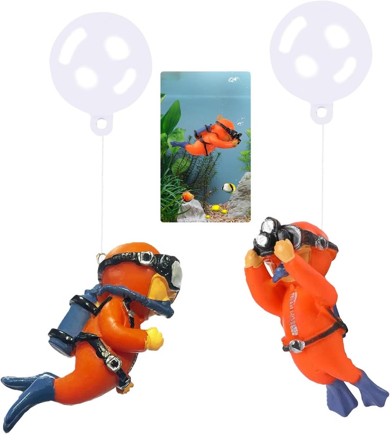 Wonfly 2-Pack Tank Decorations, Cute Little Diver, Aquarium Decoration Accessories Ornaments with Float Ball, Playmate for Tank Suitable for All Kinds of Fish and Tanks (Orange) - Image 1